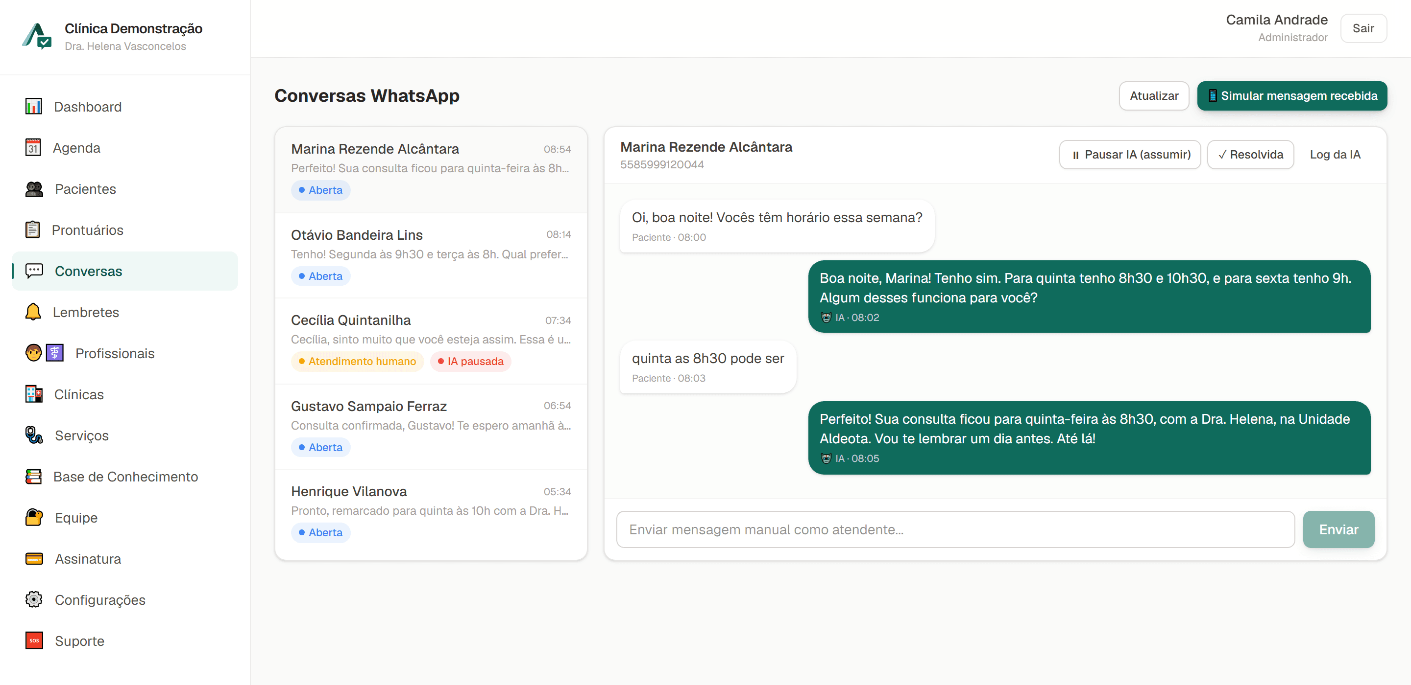 Tela real de whatsapp da AssistalIA, com dados de demonstração