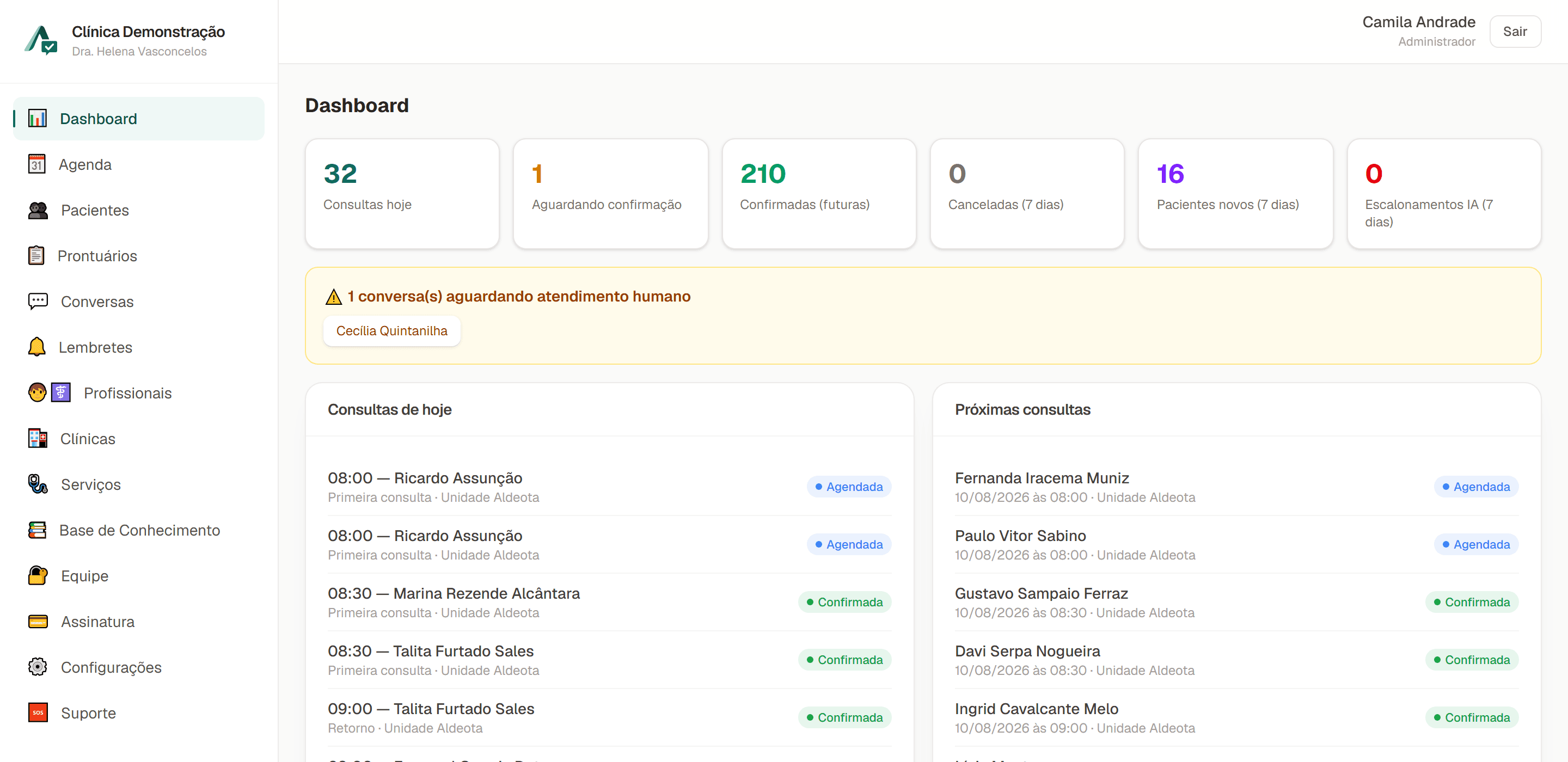 Painel real da AssistalIA com dados de demonstração